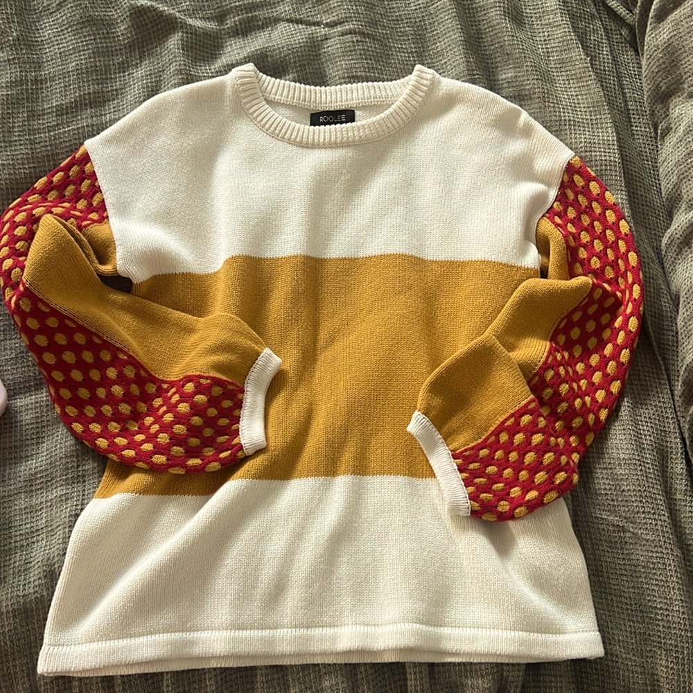Roolee Cream, Mustard & Red Dot Sleeve Crewneck Sweater